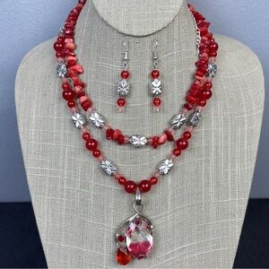 Handmade Necklace Earrings Set Red Dyed Quartz Pink Accent 925 Silver Pendant